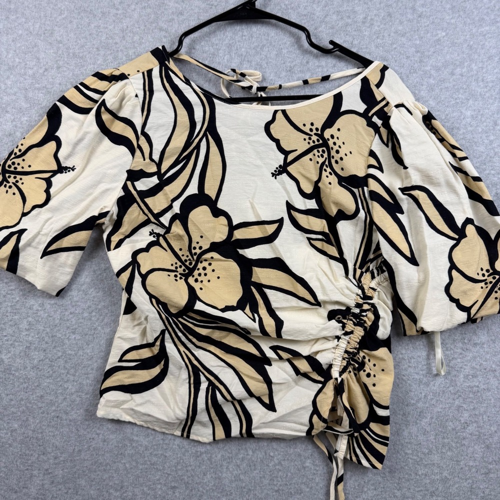 White House Black Market Floral Ruched Blouse Womens 4 Tan Black Tropical Top
